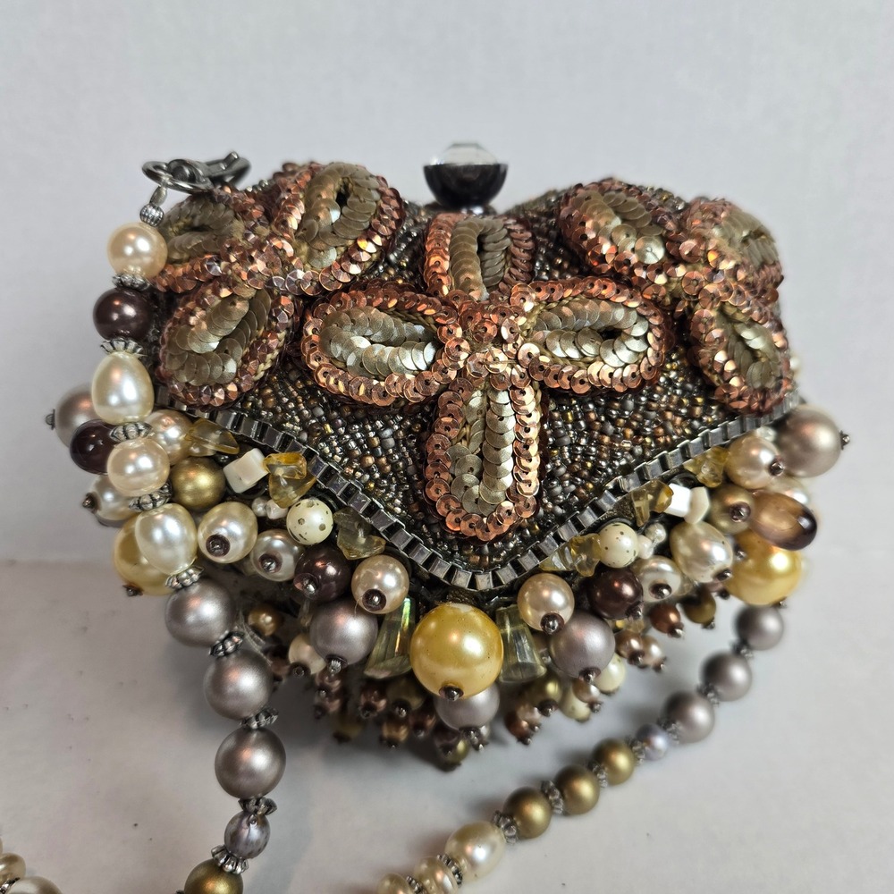 Mary Frances Beaded Sequined Heart Evening Bag Clutch Faux Pearl Gem Purse
